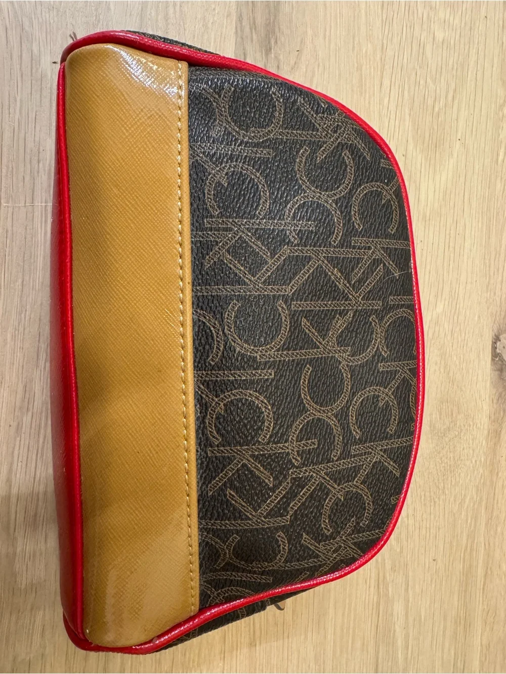 Calvin Klein Brown Logo Toiletry Bag with Tan Panel and Red Trim